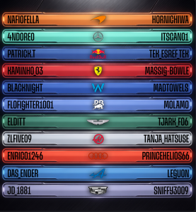 Das Lineup/Grid der Distraction League Racing Series F1 26 Division 2.